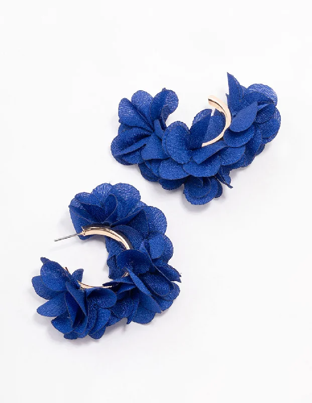 Unique earrings with turquoise stones-Gold Navy Fabric Flower Hoop Earrings