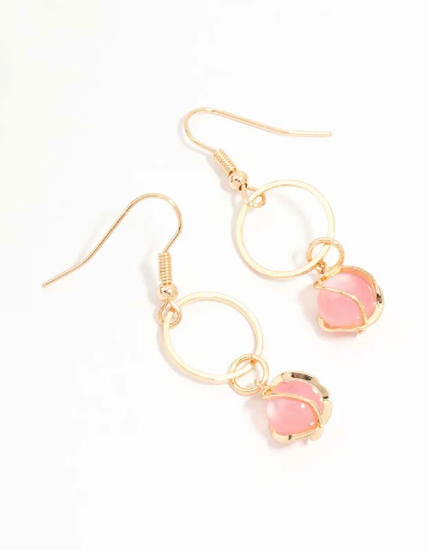 Classic gold earrings with emerald accents-Rose Gold Cat Eye Pink Ball Twirl Drop Earrings