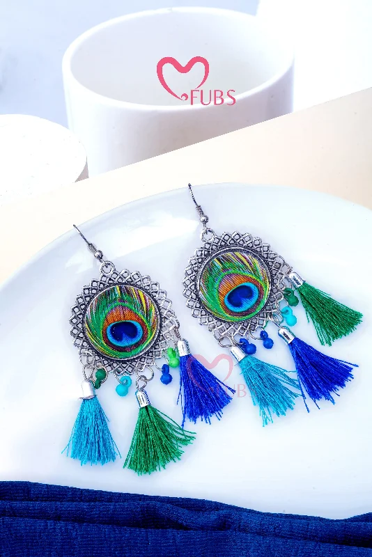 Stunning earrings with aquamarine-Peacock feather Tassel Hook Earrings