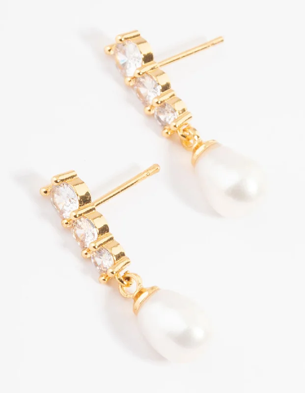 Stylish gold earrings with diamonds-Gold Plated Cubic Zirconia Trio Freshwater Pearl Drop Earrings