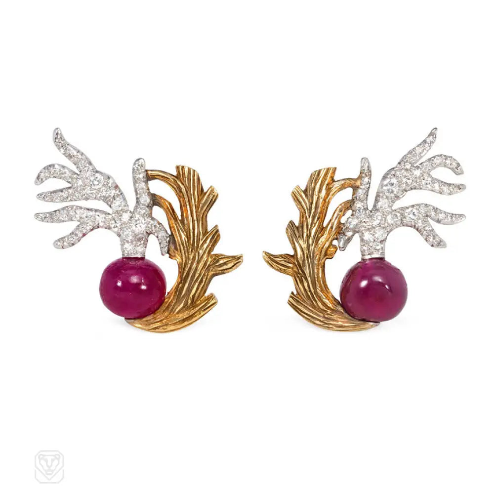 Unique earrings with zirconia accents-Gold, ruby and diamond earrings. Flato