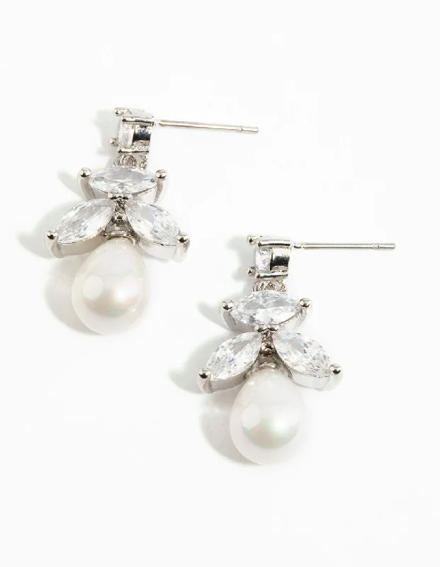 Classic earrings with square diamonds-Silver Cubic Zirconia Leaf & Pearl Drop Earrings