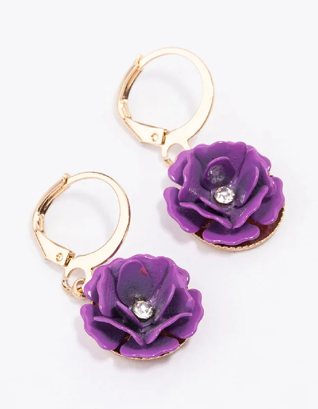 Gorgeous earrings with black pearls-Purple Acrylic Rose Huggie Earrings