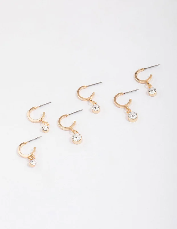 Affordable earrings for casual wear-Gold Graduating Diamante Drop Huggie Earring 3-Pack