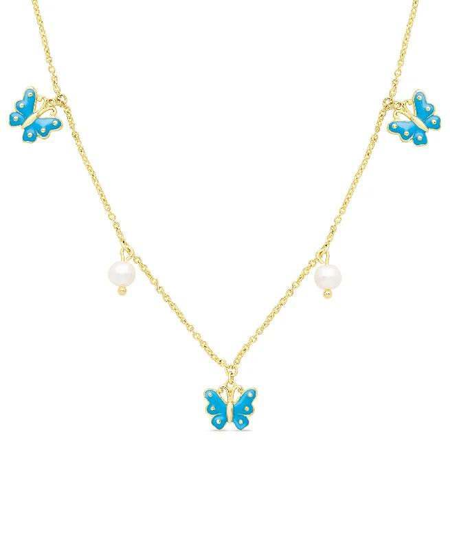 Beautiful necklaces with rose gold accents-Butterfly and Freshwater Pearl Charms Necklace (Blue)