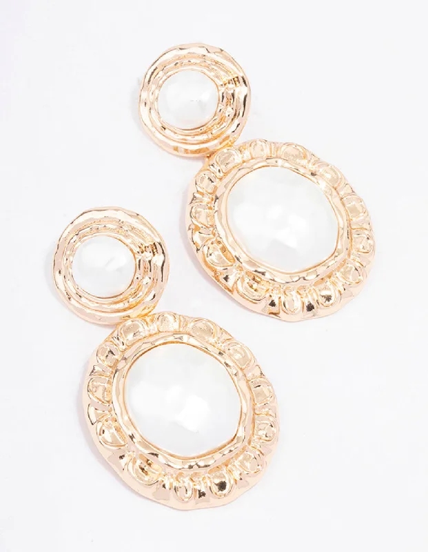 Affordable earrings for evening wear-Gold Textured Double Pearl Drop Earrings