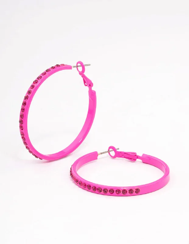 Dainty earrings with minimalist design-Pink Diamante Thin Hoop Earrings