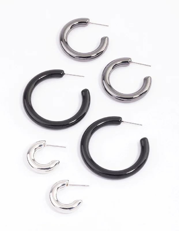 Trendy earrings with geometric patterns-Mixed Metal Hoop Earrings Pack