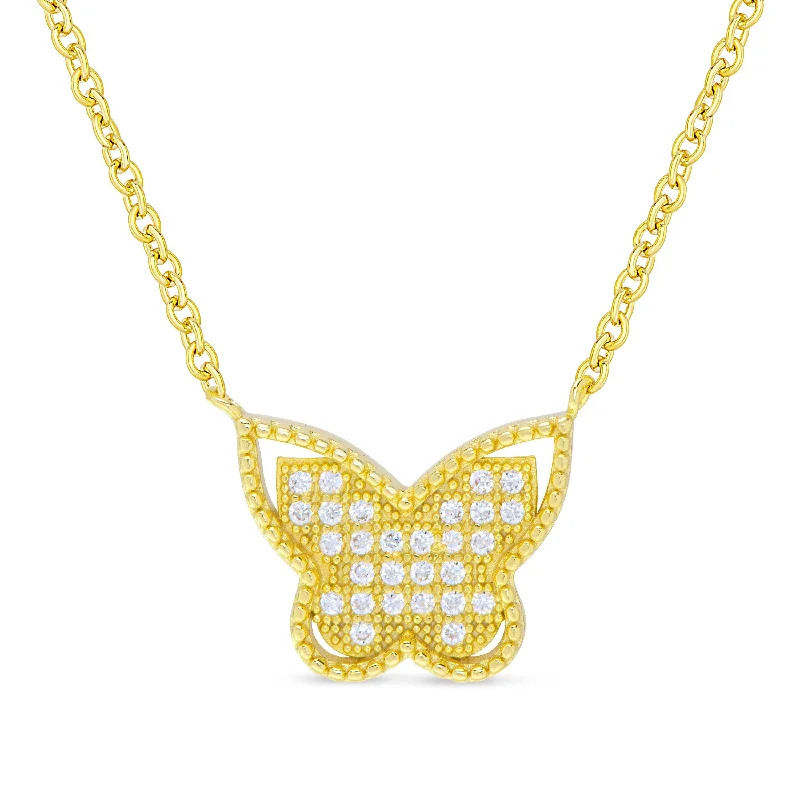 Stylish long necklaces for women-CZ Butterfly Necklace in 18k Gold over Sterling Silver