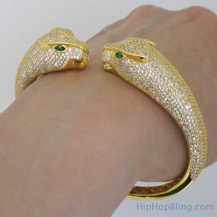 Stunning bracelets with emerald stones-Womens Gold Tiger 3D CZ Bangle .925 Silver