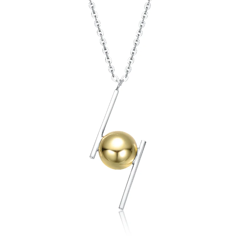 Classic pearl necklaces for women-Sterling Silver Two-Tone with 14K Gold Plated Sphere and Asymmetrical Bar Design Necklace