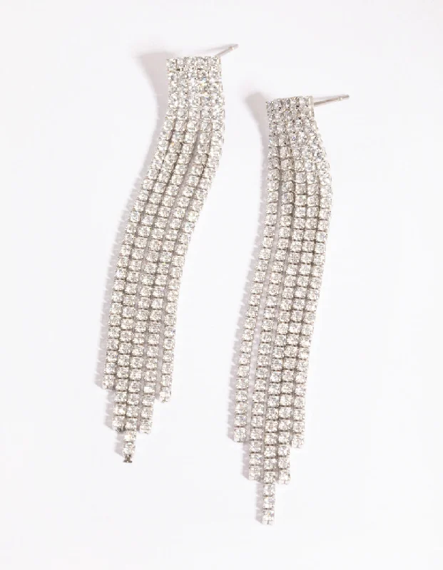 Chic earrings for formal events-Silver Cubic Zirconia Cup Chain Fringe Drop Earrings