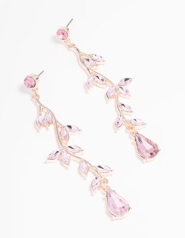 Gorgeous earrings with black pearls-Rose Gold Pink Diamante Leaf Drop Earrings