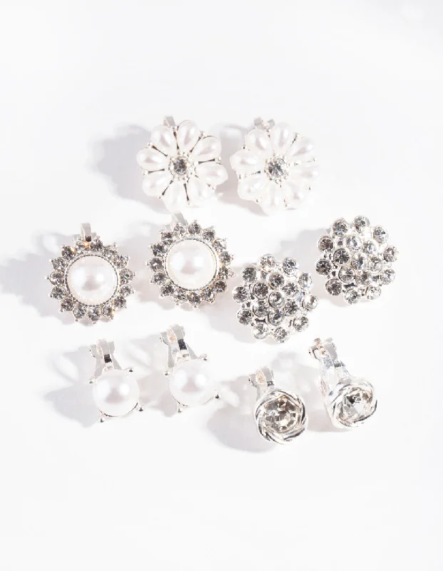 Trendy earrings with mixed metals-Silver Pearl Flower Clip-On Earring 5-Pack