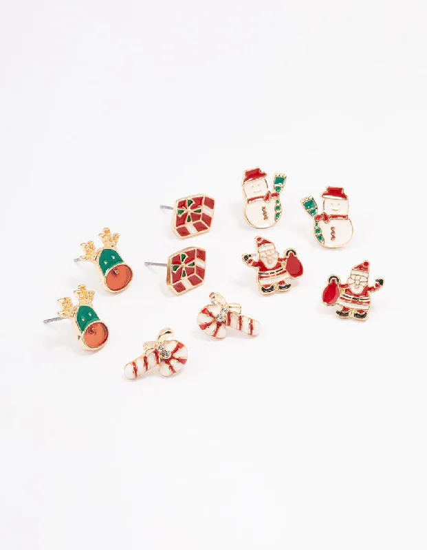 Classic gold earrings with diamond accents-Present & Candy Cane Enamel Stud Earrings 5-Pack