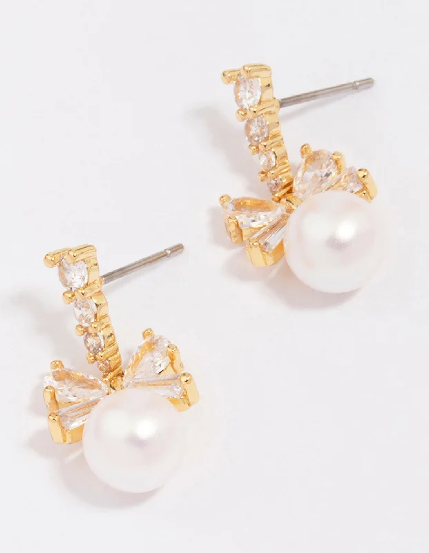 Classic earrings with square diamonds-Gold Plated Cubic Zirconia Bow & Pearl Drop Earrings