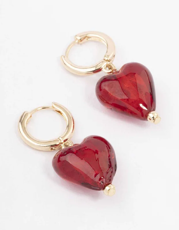 Elegant earrings with ruby accents-Gold Painted Red Heart Hoop Earrings