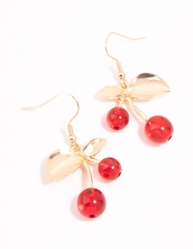 Classic gold earrings with diamond accents-Gold Cherry Drop Earrings