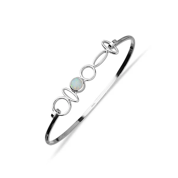 Elegant cuff bracelets for women-Harlequin Silver Bangle SBG28 White Opal