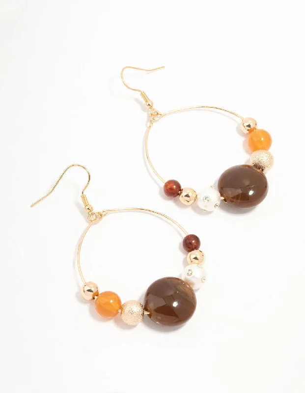 Stylish gold earrings with garnet stones-Brown Beaded & Pearl Acrylic Round Drop Earrings