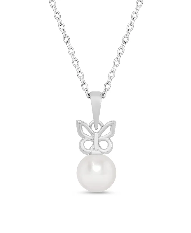 Affordable pearl necklaces for women-Butterfly & Freshwater Pearl Pendant in Sterling Silver