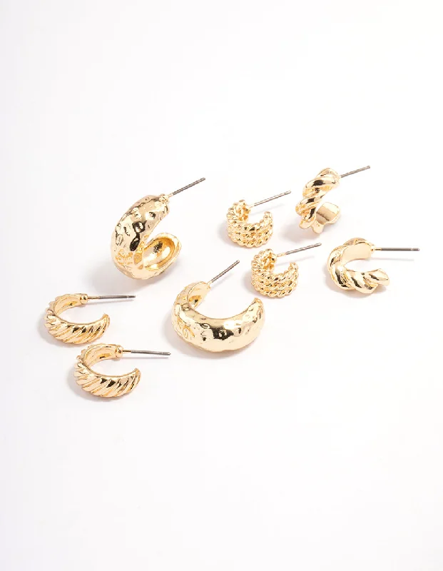 Classic gold earrings with diamond accents-Gold Plated Molten Multi Hoop Earrings 4-Pack