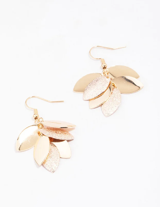 Modern stud earrings for women-Gold Textured Leaf Drop Earrings