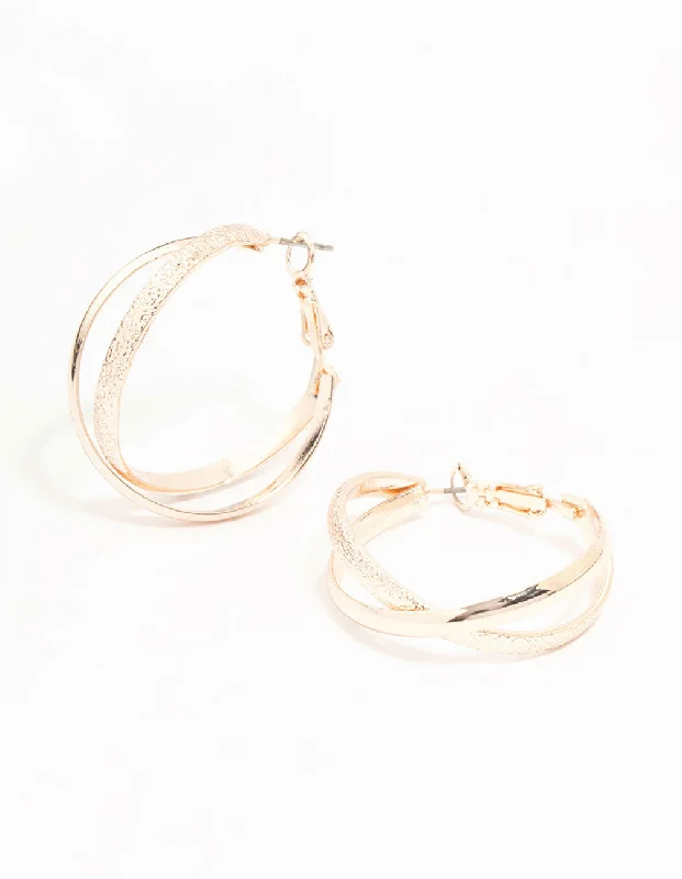 Trendy earrings with chain designs-Rose Gold Mixed Textured Crossover Hoop Earrings