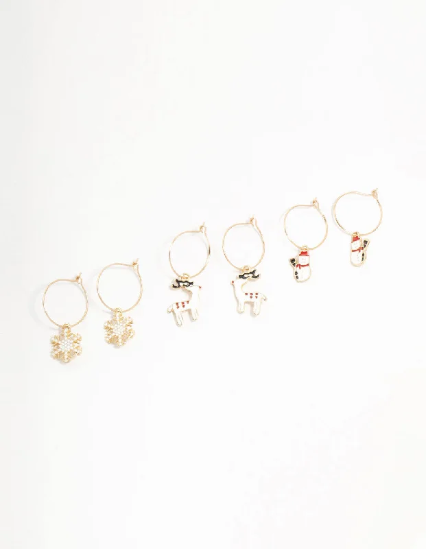 Elegant drop earrings for women-Gold Reindeer & Winter Charms Hoop Earrings 3-Pack