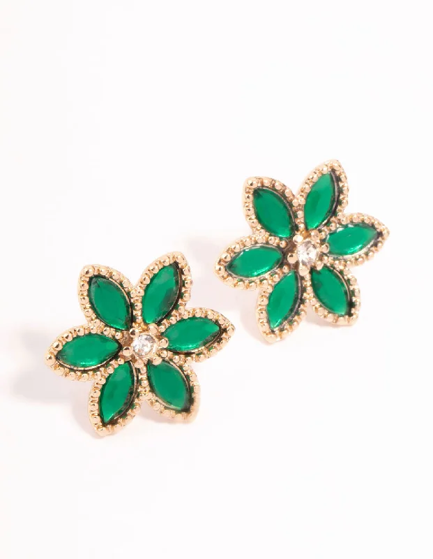 Elegant earrings with pink sapphires-Marquise Green Diamante Flower Etched Earrings