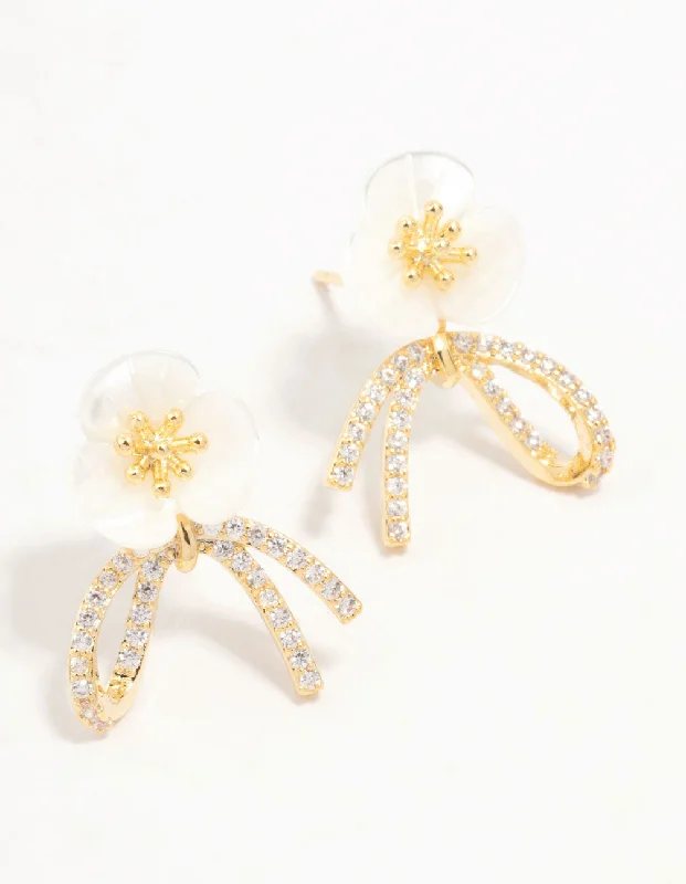 Unique earrings with topaz stones-Real Gold Plated Pearlised Flower & Ribbon Cubic Zirconia Bow Stud Earrings