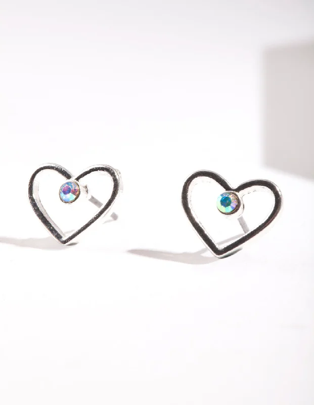 Elegant diamond drop earrings-Silver Cut Out & Diamante Heart Stud Earring