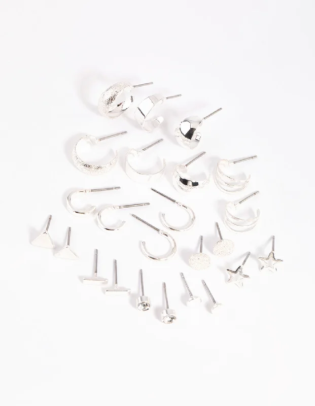 Beautiful earrings with zirconia stones-Silver Geometric Stud & Hoop Earring 12-Pack