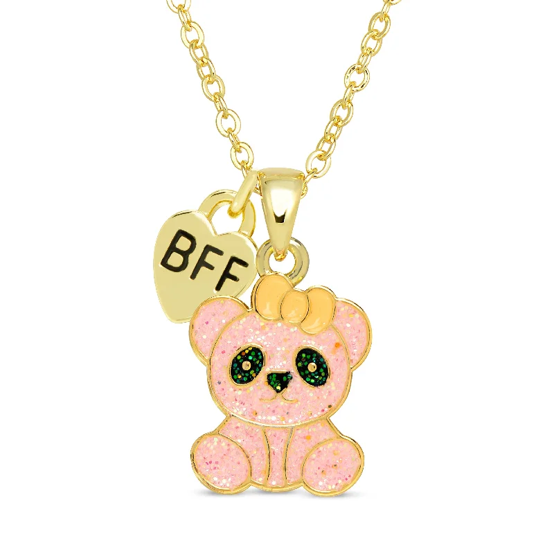 Trendy necklaces with geometric designs-BFF Panda Glitter Necklace - Pink