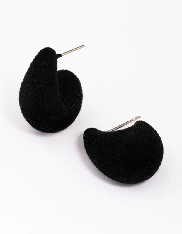 Trendy earrings with tassels-Black Velvet Fabric Droplet Huggie Earrings