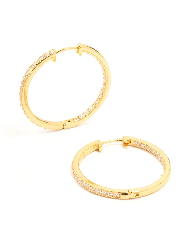 Classic pearl drop earrings-Gold Plated Large Inner Pave Hoop Earrings