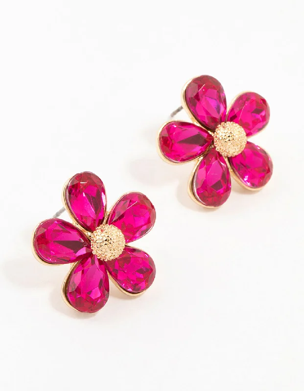 Classic gold earrings with diamond accents-Hot Pink Gold Stapled Diamante Flower Stud Earrings