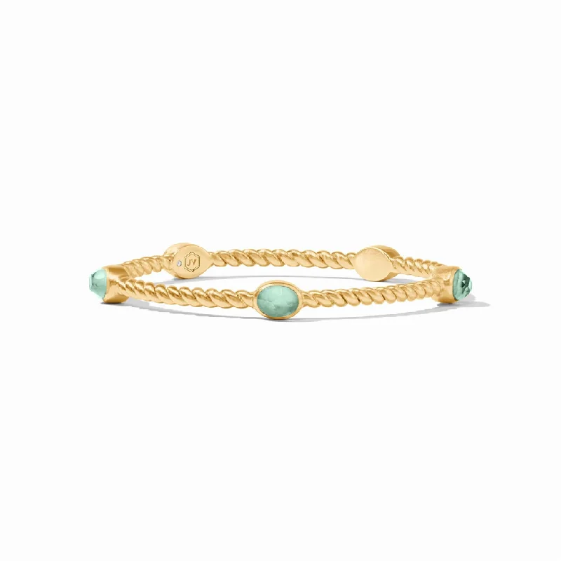 Stylish bangles with zirconia stones-24K Yellow Gold Overlay ‘Naussau' Stone Bangle With Iridescent Aquamarine Blue Crystals