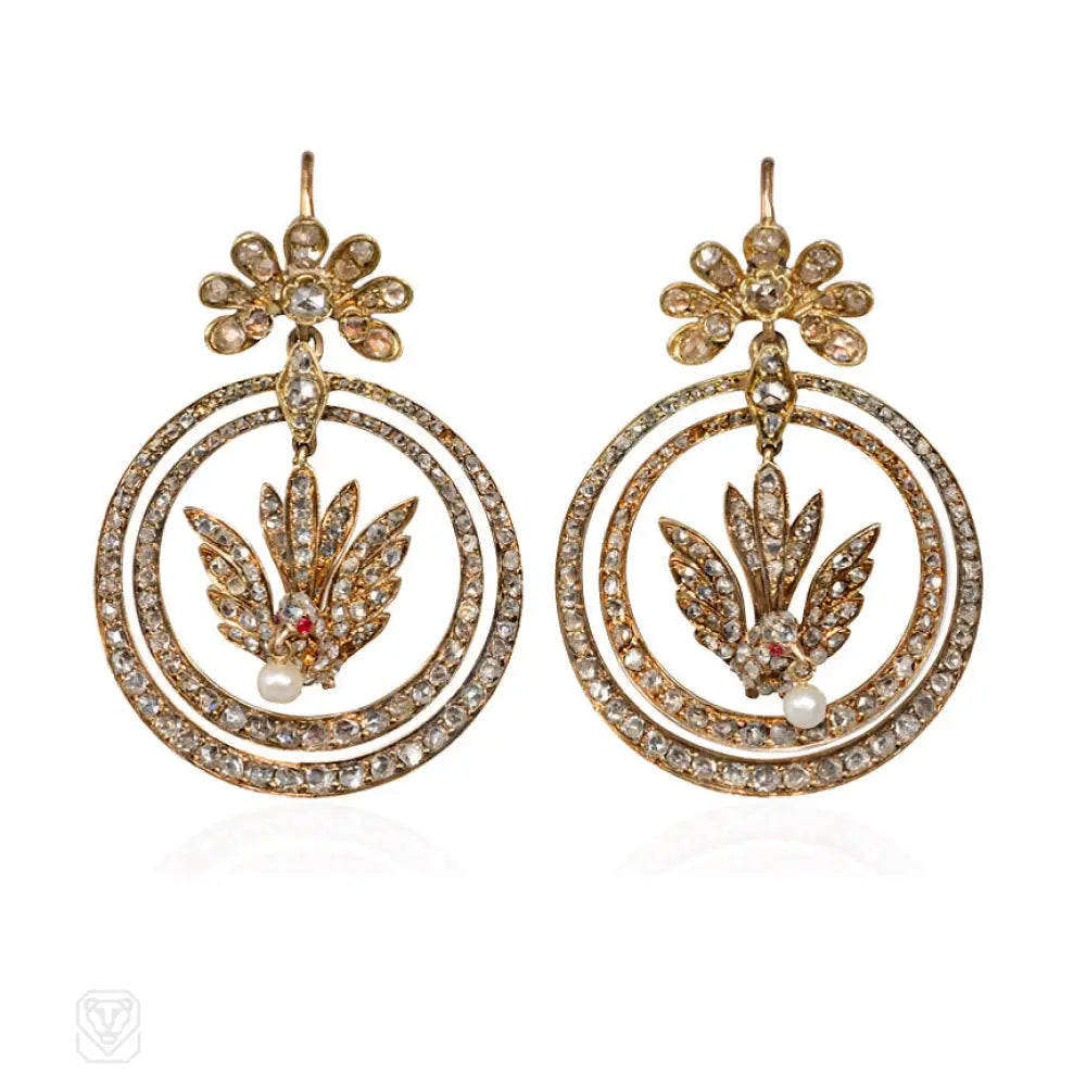 Stunning earrings with citrine stones-Antique diamond hoop and bird earrings, France.