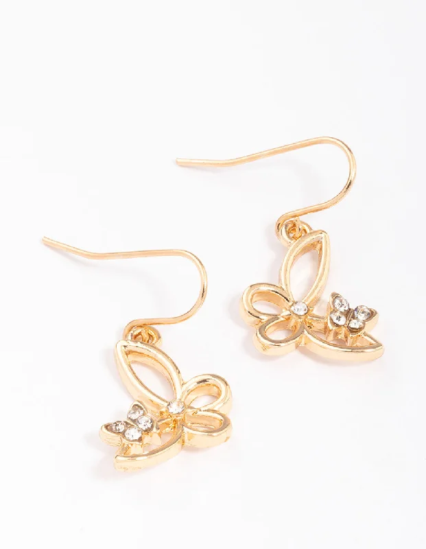 Simple silver stud earrings for women-Gold Diamante Cut Butterfly Drop Earrings