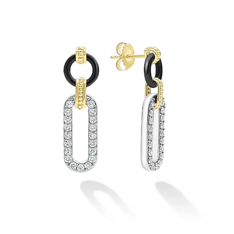 Beautiful dangle earrings for women-Signature Caviar 18K Gold and Black Ceramic Diamond Link Drop Earrings