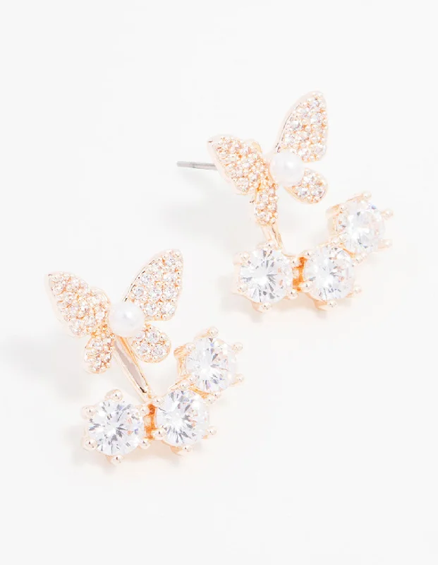 Beautiful silver earrings with sapphires-Rose Gold Plated Cubic Zirconia Butterfly Jacket Earrings