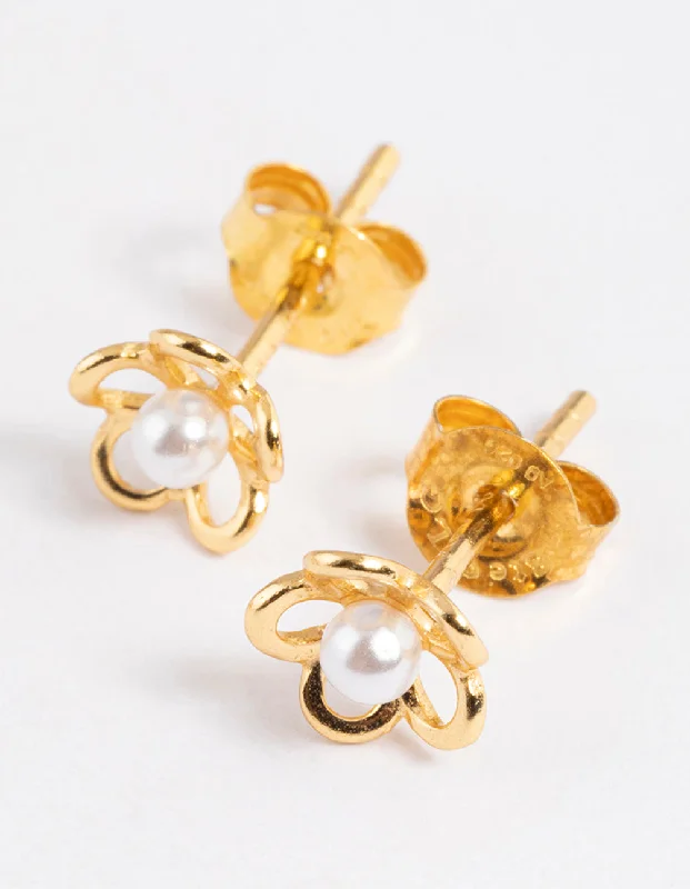 Elegant earrings with emeralds-Gold Plated Sterling Silver Pearl & Flower Stud Earrings