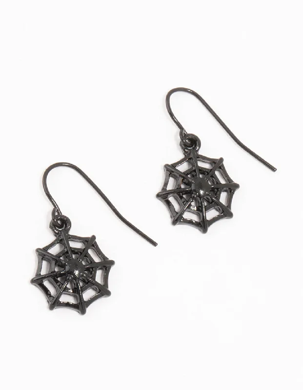 Chic earrings for evening events-Black Coated Metal Spiderweb Drop Earrings