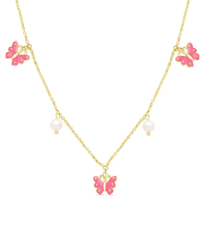 Custom necklaces with nameplate designs-Butterfly and Freshwater Pearl Charms Necklace (Pink)