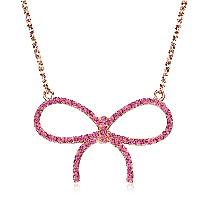 Simple yet elegant necklaces with diamonds-Sterling Silver 18K Rose Plated Ruby Cubic Zirconia Bow Tie Necklace