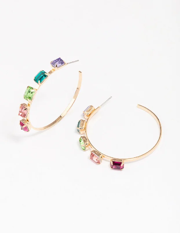 Classic pearl earrings for women-Gold Rainbow Cluster Diamante Hoop Earrings