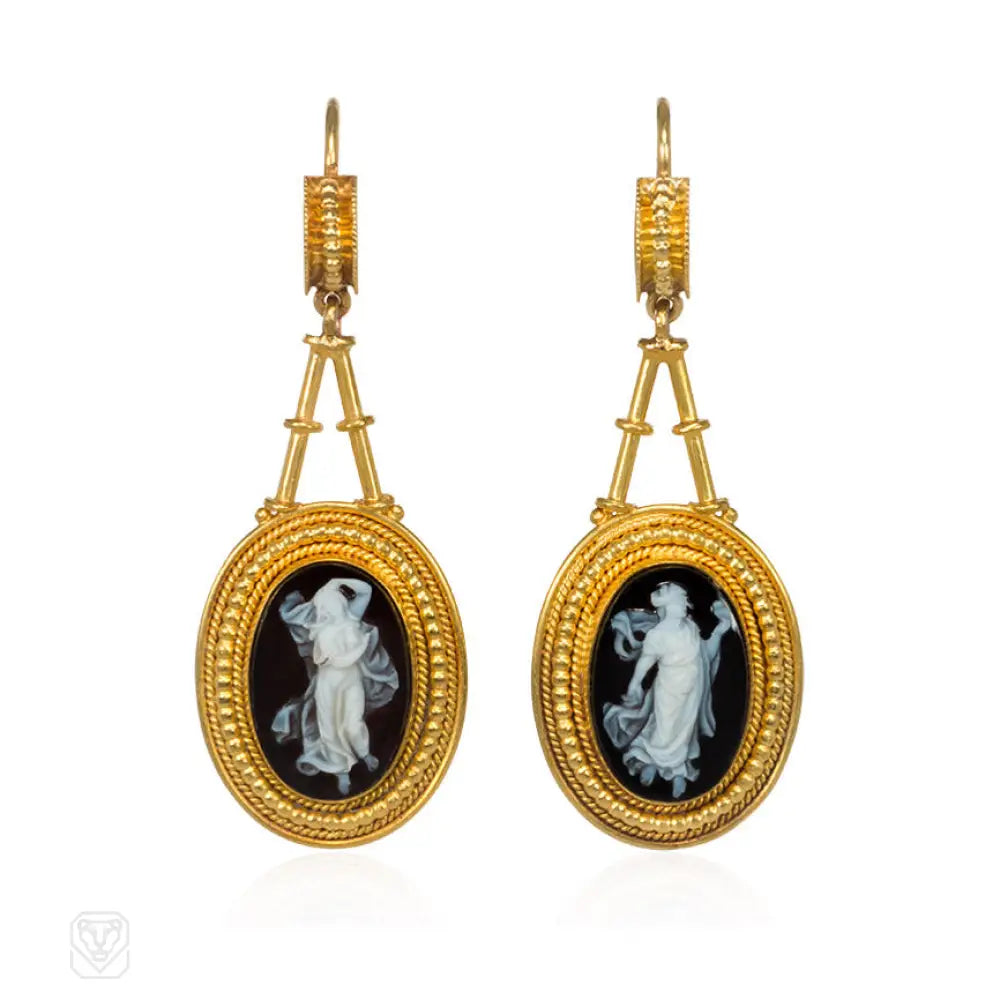 Beautiful earrings with zirconia stones-Antique sardonyx cameo earrings