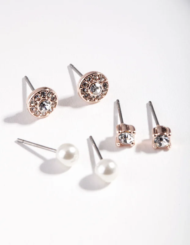 Stunning earrings with black onyx stones-Rose Gold Diamante Pearl Stud Earrings