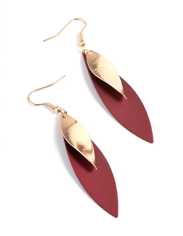 Affordable earrings for casual wear-Maroon Long Double Leaf Drop Earrings